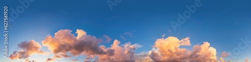 360 hdr panorama of sunset sky with bright pink Cumulus clouds, suitable for aerial drone panoramas and sky replacement. Nature, weather and climate change concept