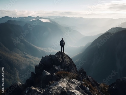 A scenic mountain landscape with a hiker standing on a rocky peak generative ai