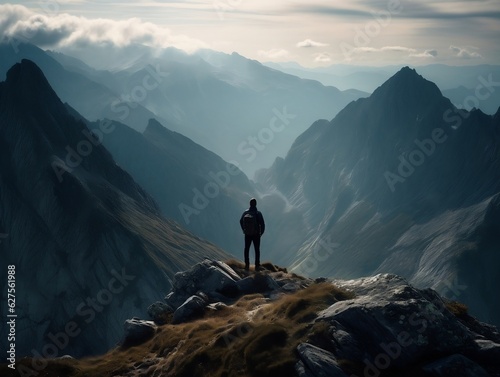 A scenic mountain landscape with a hiker standing on a rocky peak generative ai