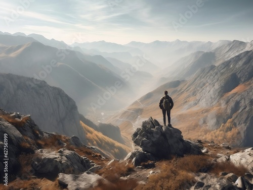 A scenic mountain landscape with a hiker standing on a rocky peak generative ai