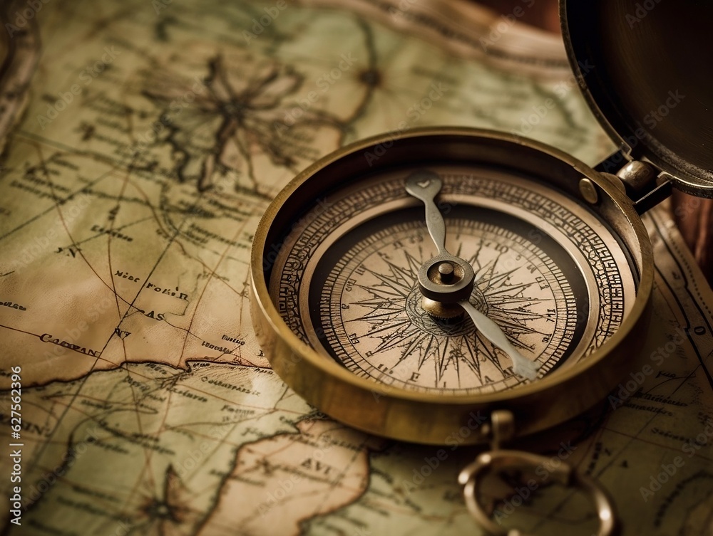 A close-up shot of a compass on a vintage map generative ai