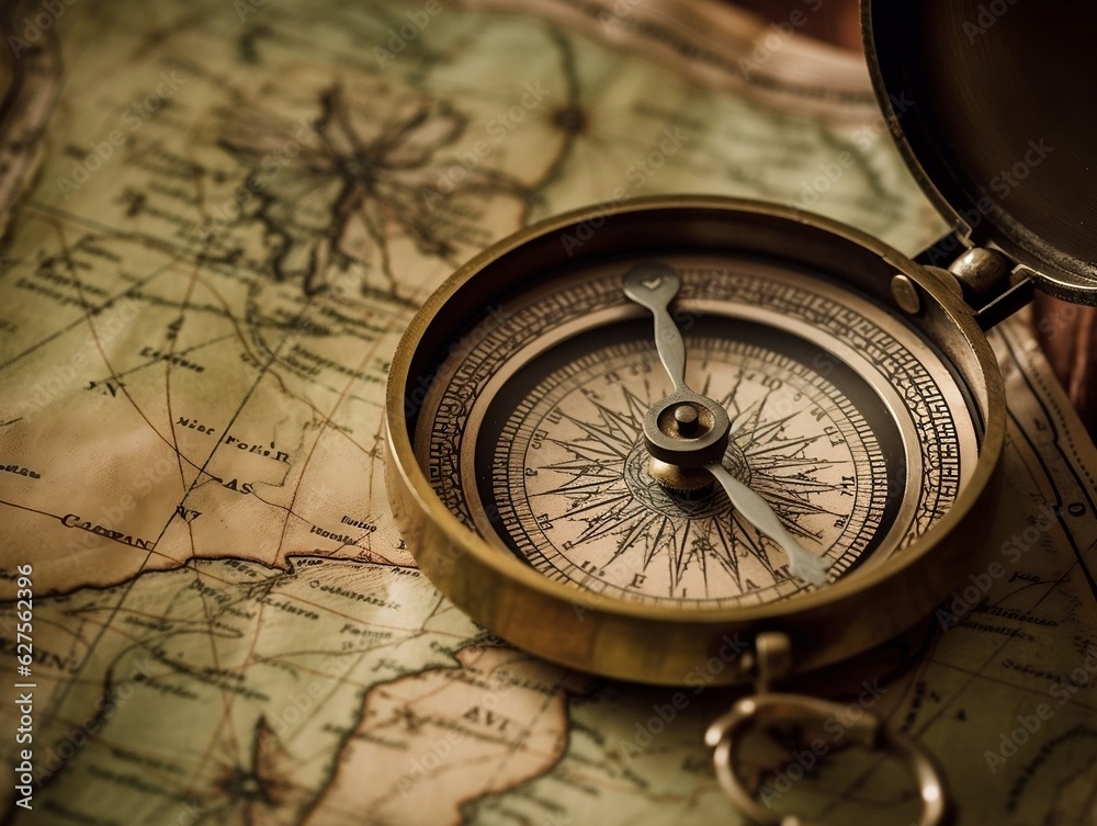 A close-up shot of a compass on a vintage map generative ai A close-up shot of a compass on a vintage map generative ai