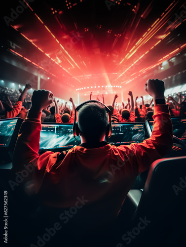 illustration of E-sport gaming player with teams in championship tournament with speed light neon stlye.competition and strategy.online stream entertainment.ai generated image © Limitless Visions