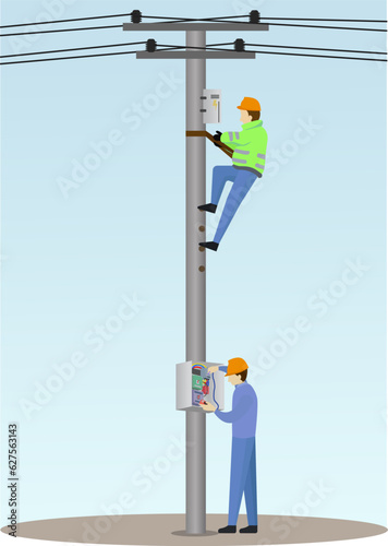 electrician climbs up electric pliers to repair damage, Electrical service repairing powerhouse vector Graphic, checking the electricity box and installing a socket illustration