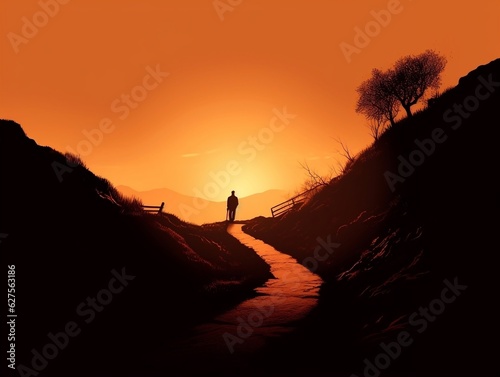 A silhouette of a person walking along a winding road generative ai