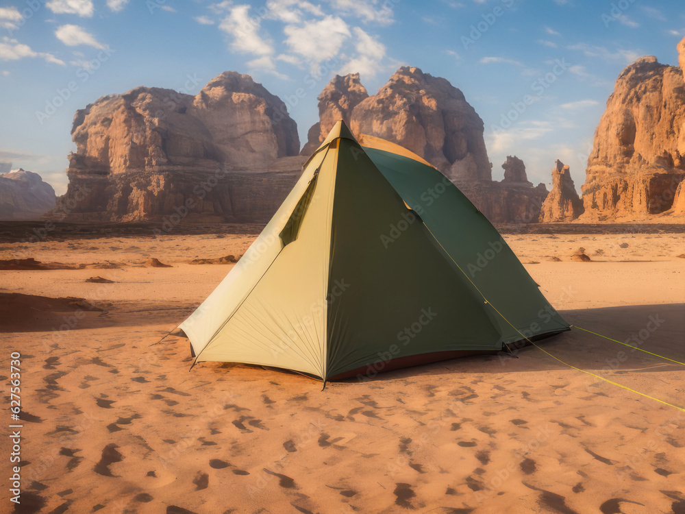 A tent in the desert with mountains in the background