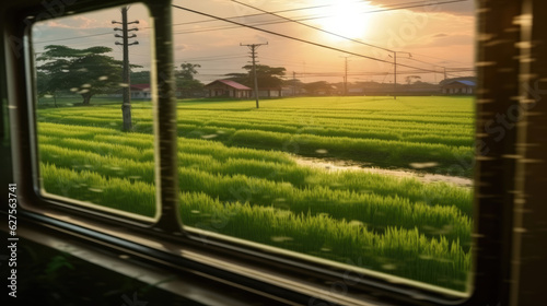 View of rice fields from the window of a train at sunrise
