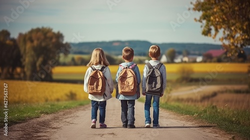 Back To school in autumn. Back view of children with backpacks going to school on a countryside road