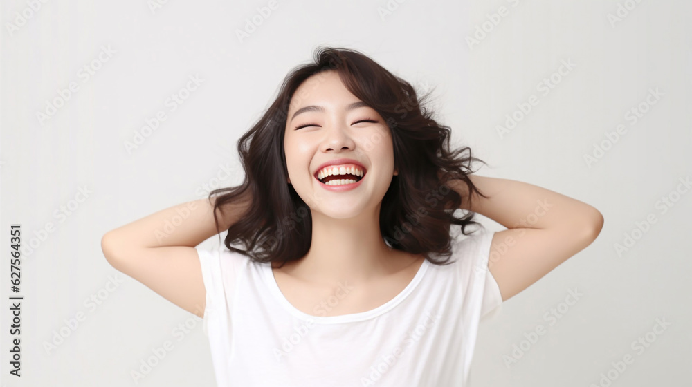 A beaming lady in a white t-shirt dress raises her arms with a relaxed smile, expressing her unbridled happiness against the pristine white backdrop. generative AI. A beaming lady in a white t-shirt dress raises her arms with a relaxed smile, expressing her unbridled happiness against the pristine white backdrop. generative AI.