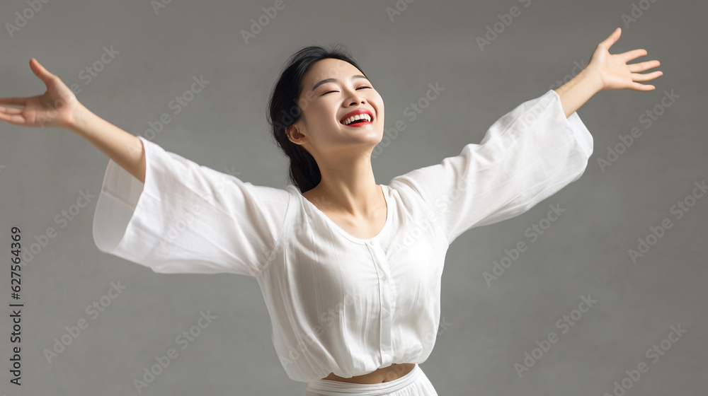 A beaming lady in a white t-shirt dress raises her arms with a relaxed smile, expressing her unbridled happiness against the pristine white backdrop. generative AI. A beaming lady in a white t-shirt dress raises her arms with a relaxed smile, expressing her unbridled happiness against the pristine white backdrop. generative AI.