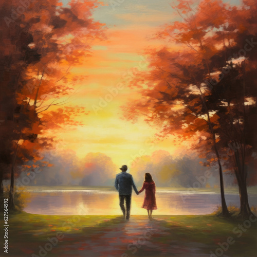 Print op canvas Captivating oil painting depicting a couple deeply in love, strolling hand in hand amidst a grove of tall, majestic trees