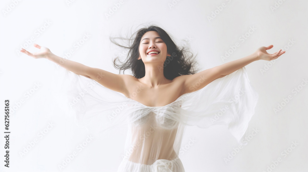 Pretty lady in white Hyper Realistic dress exudes happiness, raising her arms with a relaxed smile, showcasing her happy emotion on a white backdrop. Generative AI Pretty lady in white Hyper Realistic dress exudes happiness, raising her arms with a relaxed smile, showcasing her happy emotion on a white backdrop. Generative AI
