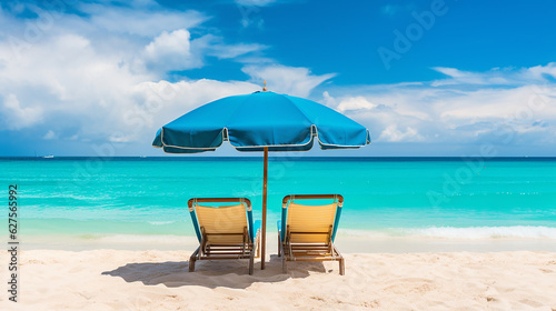 Beach chairs with umbrella and beautiful sand beach  tropical beach with white sand and turquoise water. Travel summer holiday background concept. generative AI