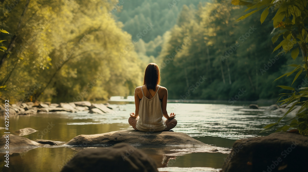Woman practicing mindfulness meditation in a serene natural environment for mental health and self.,generative AI