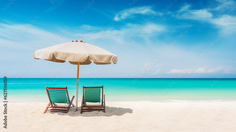 Beach chairs with umbrella and beautiful sand beach, tropical beach with white sand and turquoise water. Travel summer holiday background concept.,generative AI