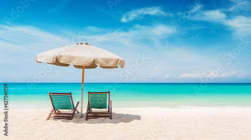Beach chairs with umbrella and beautiful sand beach, tropical beach with white sand and turquoise water. Travel summer holiday background concept.,generative AI