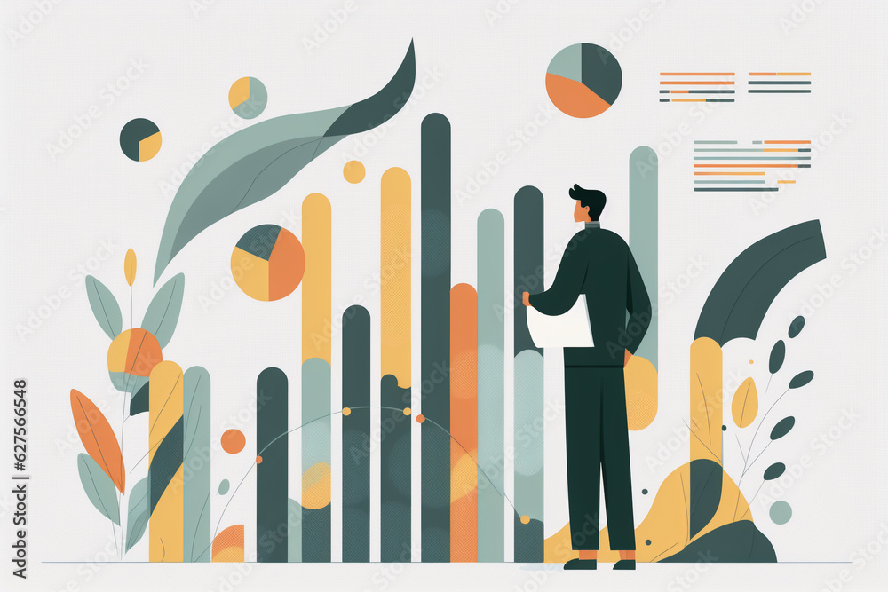 Generative AI. Marketing research concept with character scene for web. men analysing market trends and data to launch product. People situation in flat design. Vector illustration for marketing mate Generative AI. Marketing research concept with character scene for web. men analysing market trends and data to launch product. People situation in flat design. Vector illustration for marketing mate