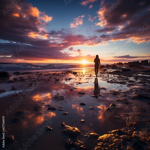A vibrant sunset over a tranquil beach, where a lone figure walks along the shoreline generative ai © Generative Ai