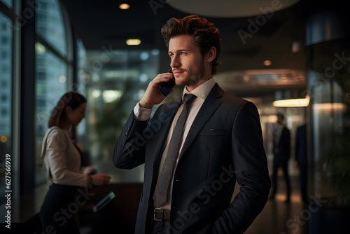 A man wearing a suit and tie and speaking on the phone