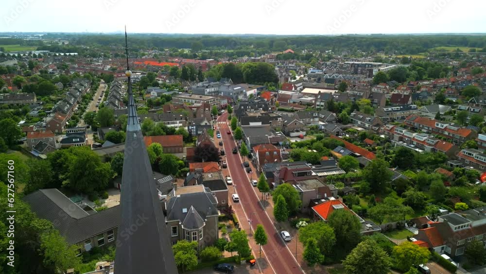 Cinematic aerial of a town in the Netherlands.