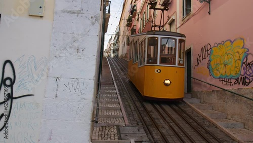 Bica Funicular Moving Uphill Through Buildings In Lisbon, Portugal. low angle, wide photo