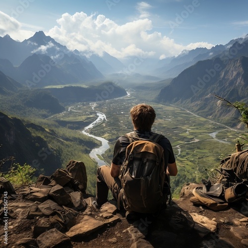 A backpacker taking a break and enjoying the view from a mountaintop generative ai