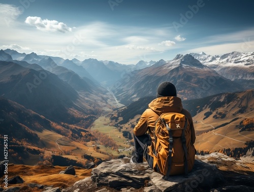 A backpacker taking a break and enjoying the view from a mountaintop generative ai