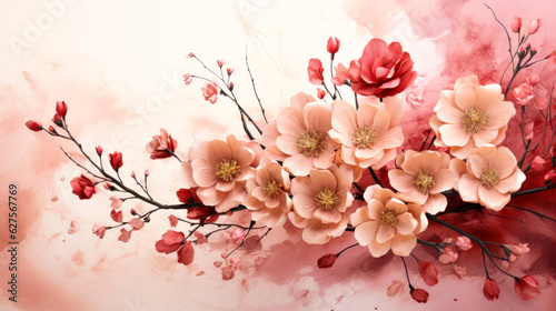 Romantic Floral Art Soft and Blended Watercolor Wash of Pink Flowers Pink Roses and Cherry Blossom AI Generative