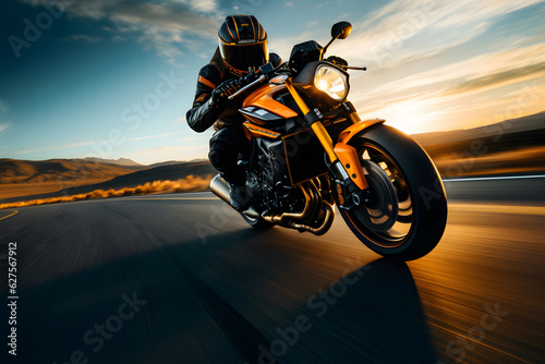 A motorcycle biker rider speeding on a road photo