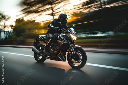 A motorcycle rider speeding on a road photo