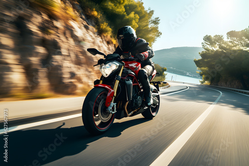 Fotografia A motorcycle rider speeding on a mountain road