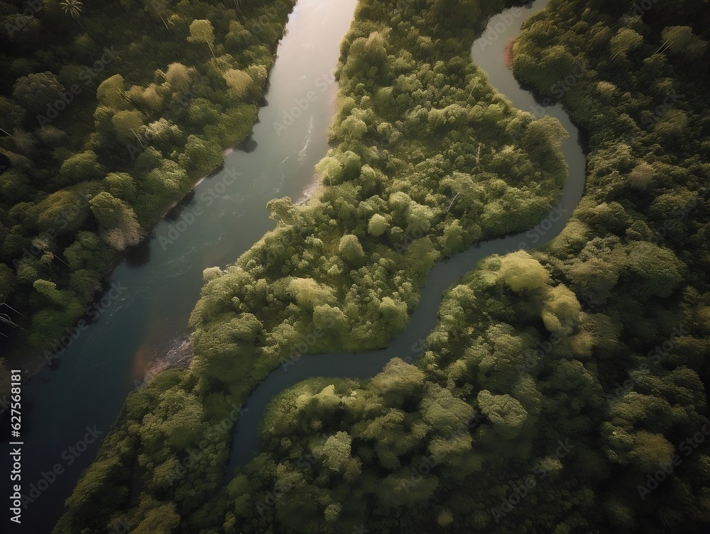 An aerial view of a winding river cutting through a dense forest generative ai An aerial view of a winding river cutting through a dense forest generative ai