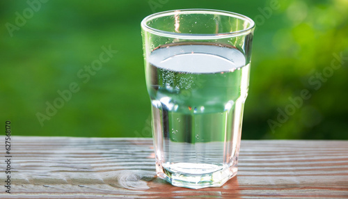 A glass of water on green background. The wooden table. Pure water with gas. Sparkling water