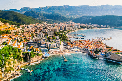 Budva, Montenegro from the air. Aerial city and beach  view.