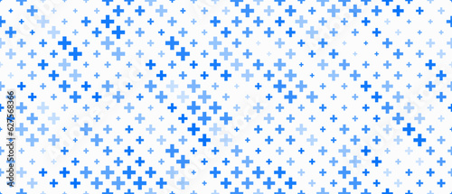 Medical cross and plus background. Abstract seamless blue pattern for hospital and pharmacy. Geometrical shapes ornament. Vector backdrop