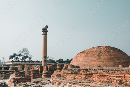 Pillars of Ashoka with blue sky at Vaishali in Bihar, India. Beautiful scenic view of monument ancient with lion pole top in summer day.