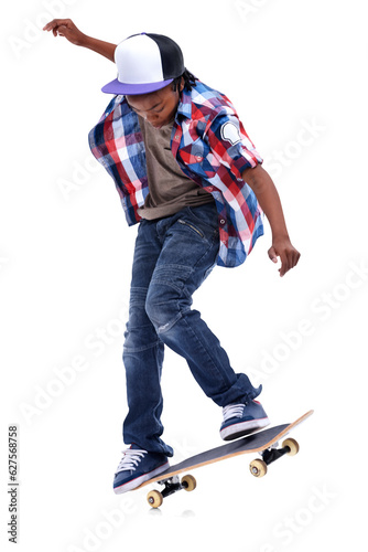 Skateboard, black boy and kid with a jump trick and urban streetwear fashion on isolated, transparent or png background. African teenager, skateboarding and skater with energy, skill and stunt photo