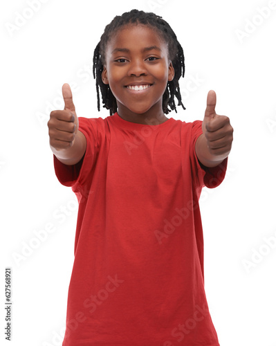 Bild auf Leinwand Portrait, thumbs up and thank you with an african boy isolated on a transparent background for motivation or support