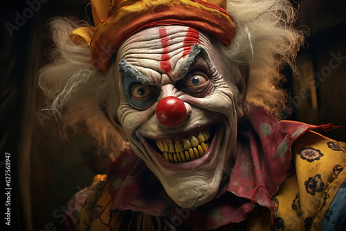 Crazy laughing dirty evil clown with rotten teeth looking at camera, close-up of scary creepy old male entertainer with make-up and red nose