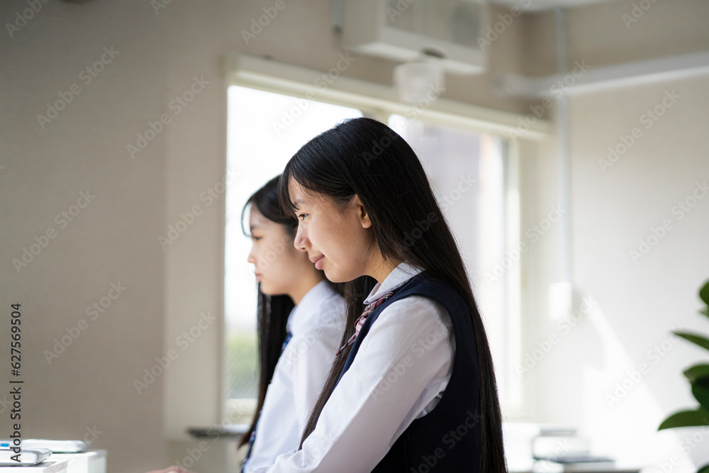 パソコンを使い勉強する日本人女子学生 パソコンを使い勉強する日本人女子学生