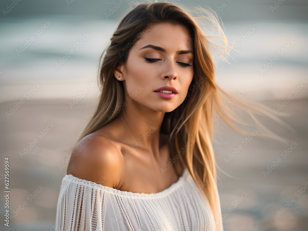 Closeup portrait of a beautiful young woman breathing in white dress on the beach at sunset time. Generative AI