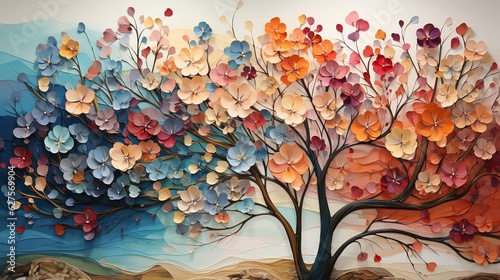 Colorful tree with leaves on hanging branches of blue, white and golden illustration background. 3d abstraction wallpaper for interior mural wall art decor. floral tree with multicolor leaves
