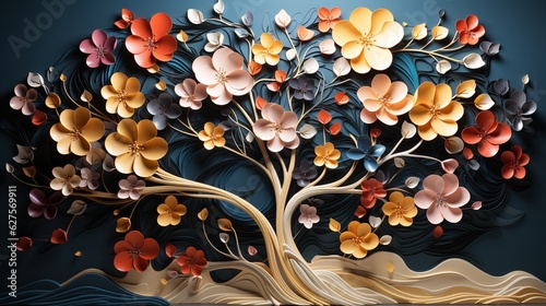 Fototapeta Naklejka Na Ścianę i Meble -  Colorful tree with leaves on hanging branches of blue, white and golden illustration background. 3d abstraction wallpaper for interior mural wall art decor. floral tree with multicolor leaves