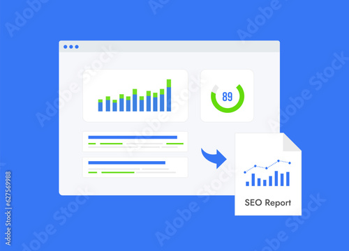 SEO reports and research competitor analysis concept. Data dashboard with market research and web analytics, website performance audit and business finance report.