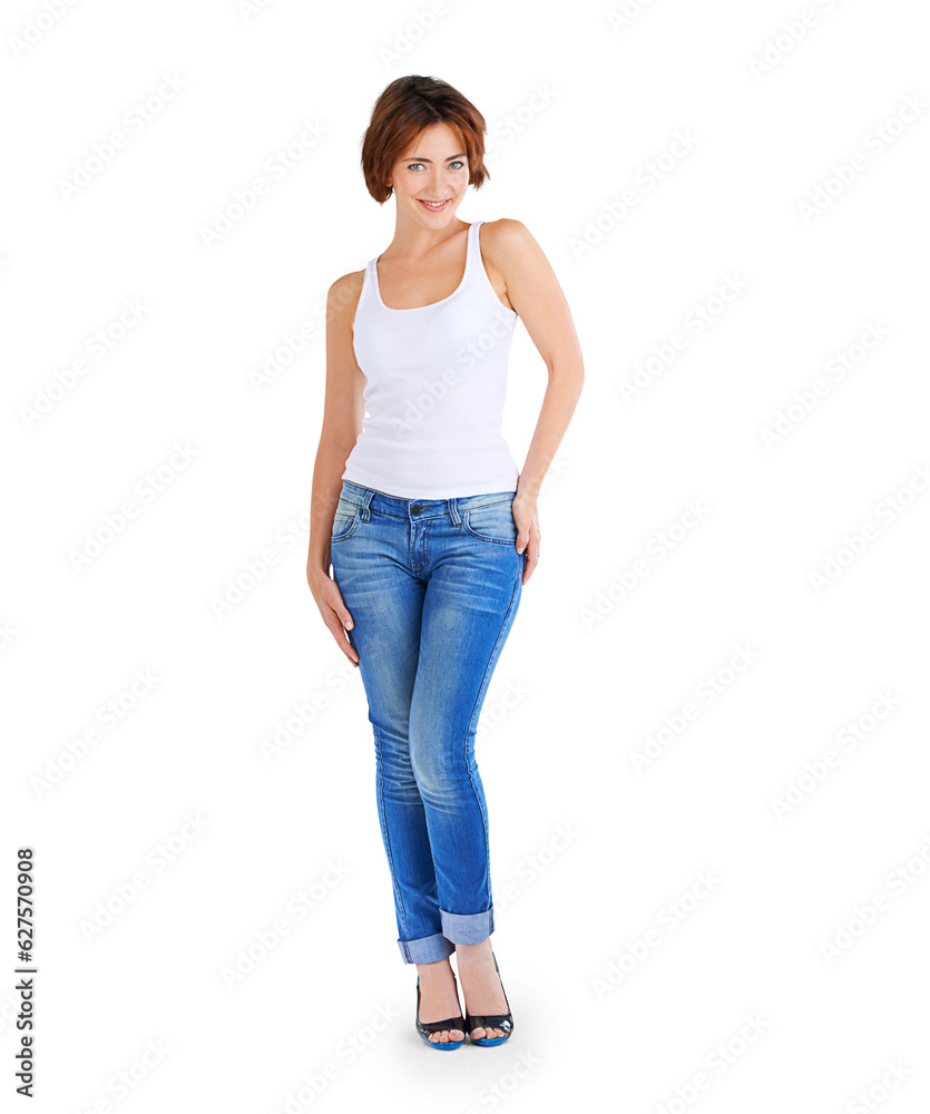 Fashion, smile and portrait of woman with style, trendy and cool clothes isolated in a transparent or png background. Confident, natural and young female person in casual or elegant jeans outfit Fashion, smile and portrait of woman with style, trendy and cool clothes isolated in a transparent or png background. Confident, natural and young female person in casual or elegant jeans outfit