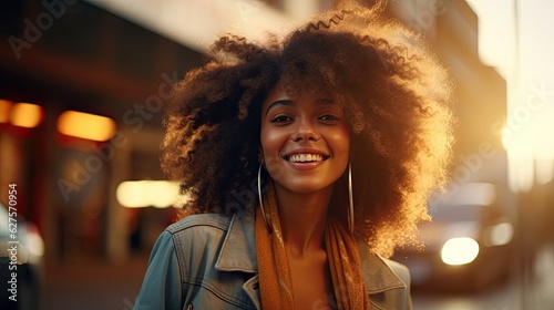 Happy young african american woman smiling in the city. Closeup Portrait of a happy young adult African girl standing on a European city street. African female closeup.