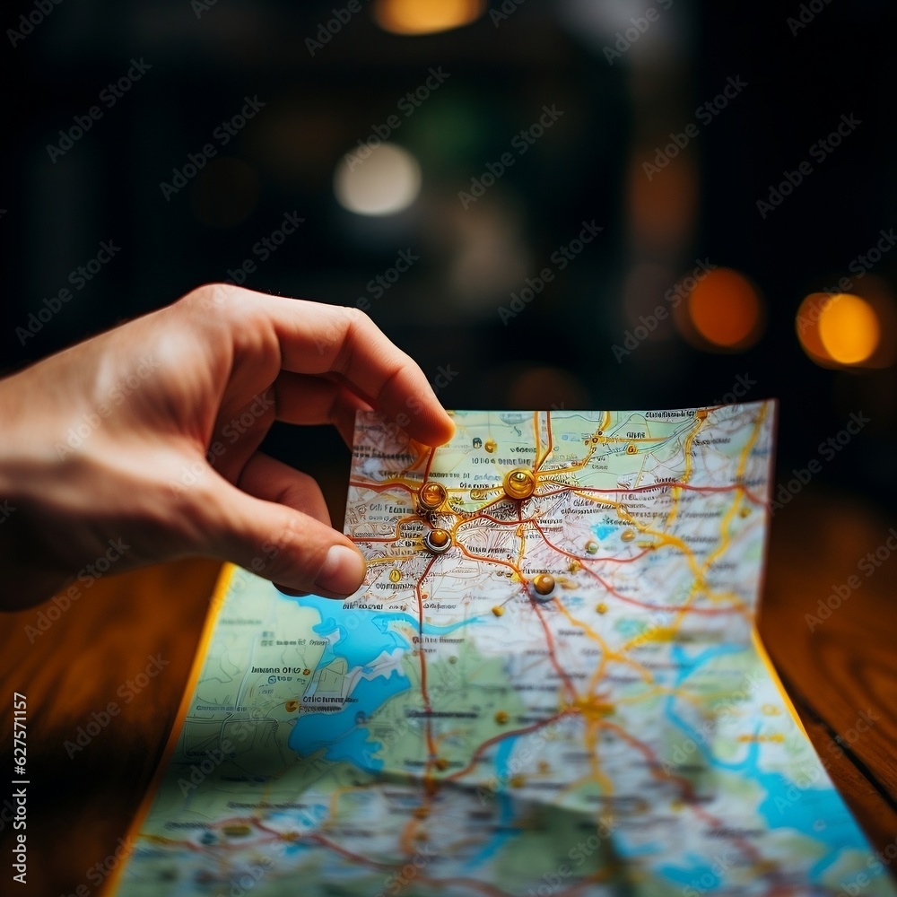A close-up of a hand holding a map with a highlighted route generative ai A close-up of a hand holding a map with a highlighted route generative ai