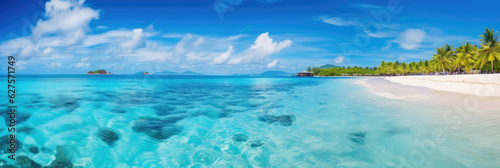 Panoramic view of a small island paradise with white sand, palm trees and crystal clear water. Generative AI © Farnaces
