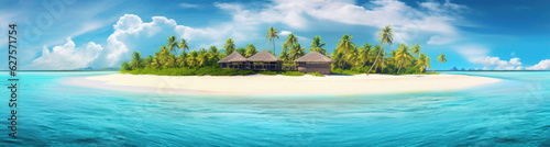 Panoramic view of a small island paradise with white sand  palm trees and crystal clear water. Generative AI