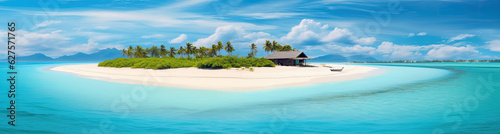 Panoramic view of a small island paradise with white sand, palm trees and crystal clear water. Generative AI © Farnaces